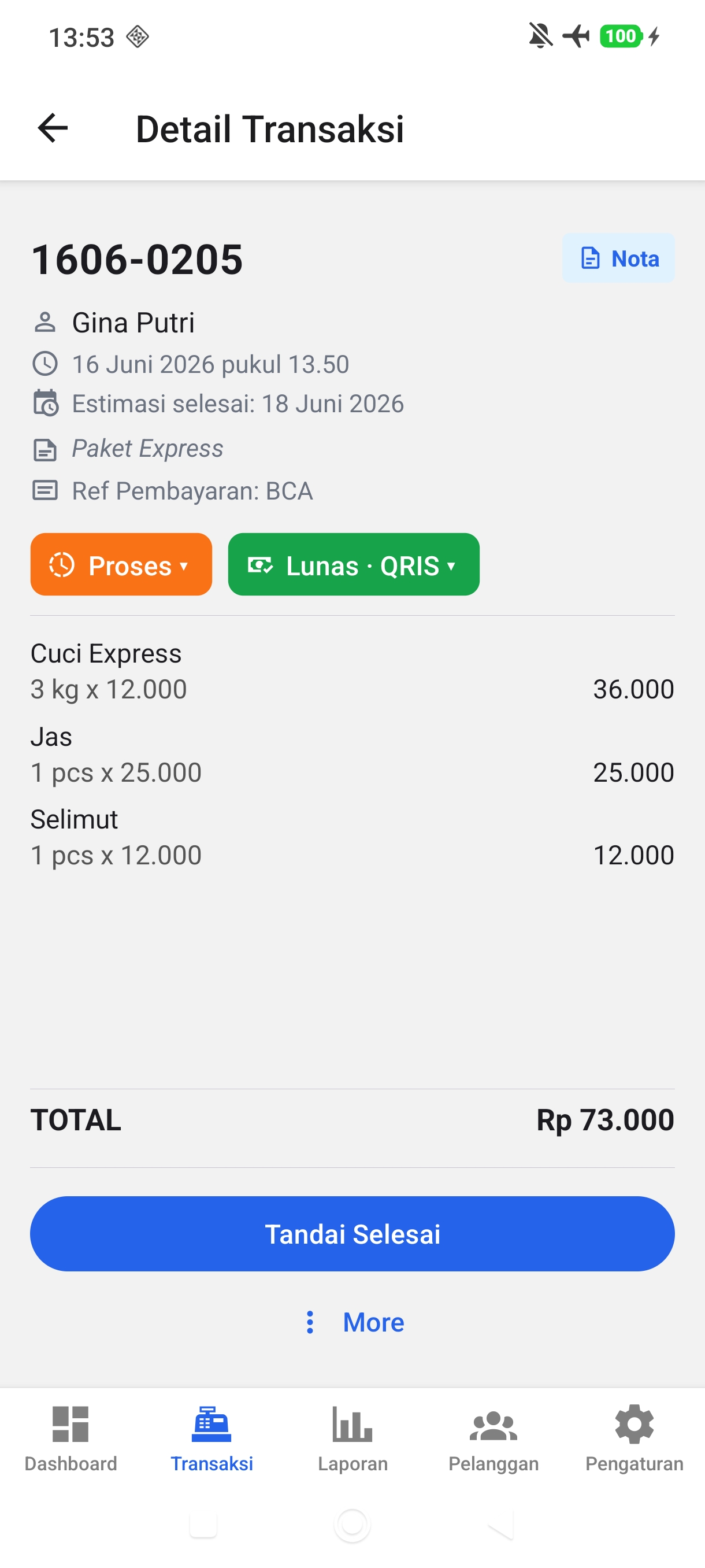 Detail Transaksi Resik — POS Laundry